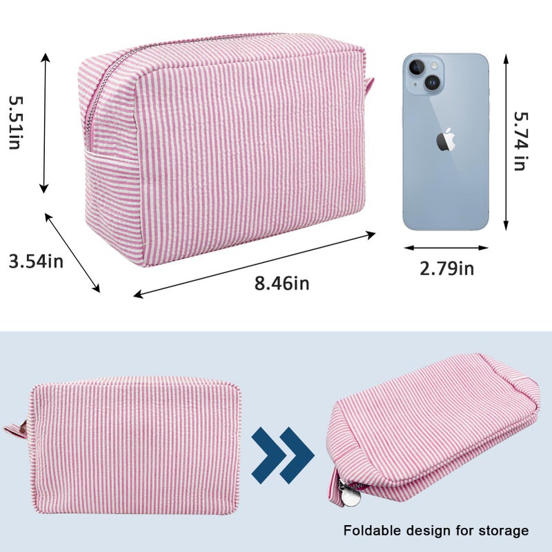 GFU Cosmetic Bag for Women, Large Makeup Bag, Travel Toiletry Stripe Cosmetic Bag, Seersucker Women Aesthetic Organizer Storage Pouch, Girls Handbags Purses (Pink) - Image 4